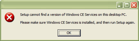 Error Message: Windows CE Services (ActiveSync) is not installed on this computer